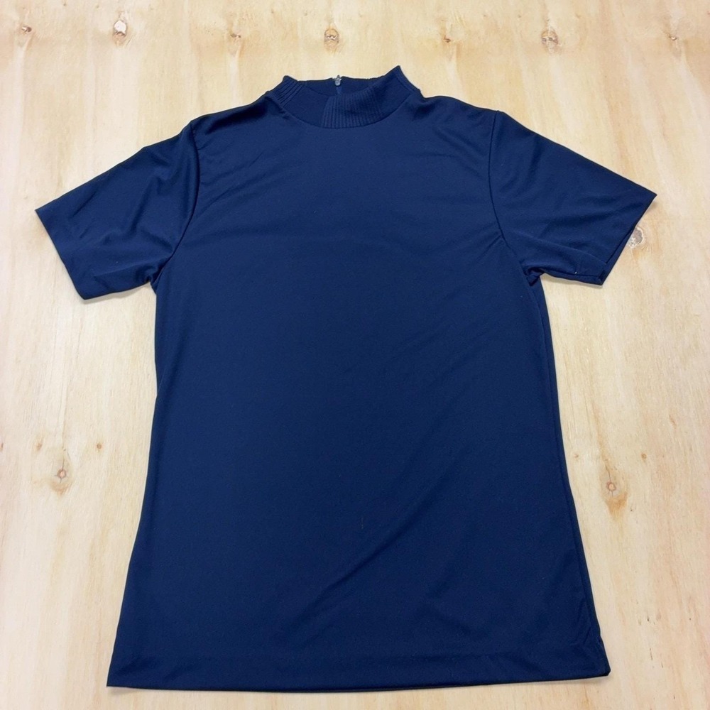 Vintage Society Shirt Womens Small Blue Mock Neck Short Sleeve Polyester Top